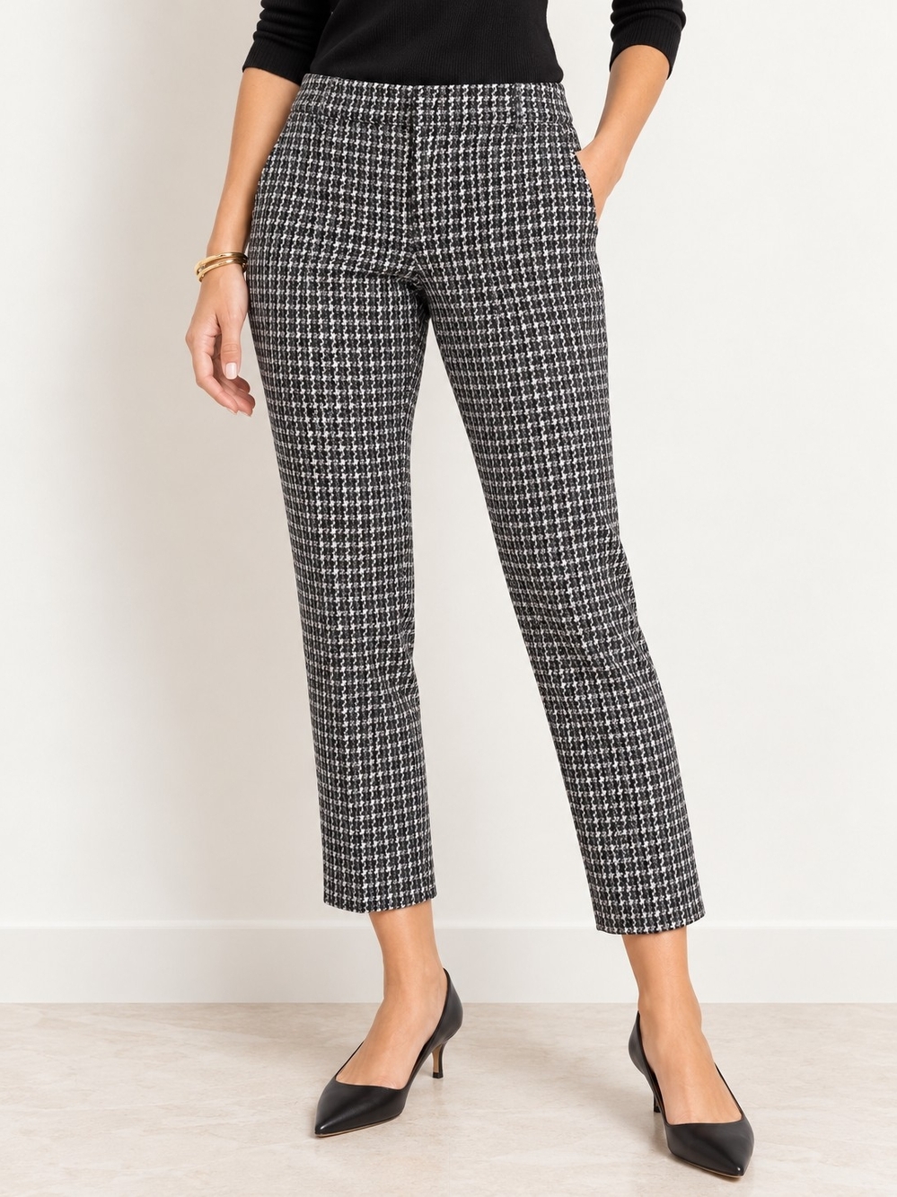 Ann Taylor Petite Houndstooth Plaid Slim Ankle Pants 8P Black White Gray Work